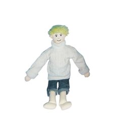 IKEA LEKA ritka rongybaba fiú 52 cm, szőke fonalhajjal, mosolygós hímzett arccal, krémszínű kötött garbóban és kék farmernadrágban, kifutott gyűjtői textil baba