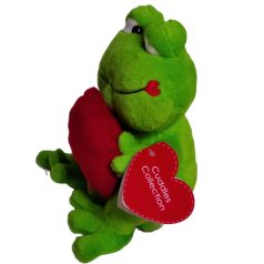 Új Cuddles Collection zöld plüss béka oldalnézetből a szív alakú gyári papírcímkével fotózva