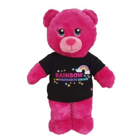 Build-A-Bear fukszia rózsaszín plüssmaci szivárványos pólóban