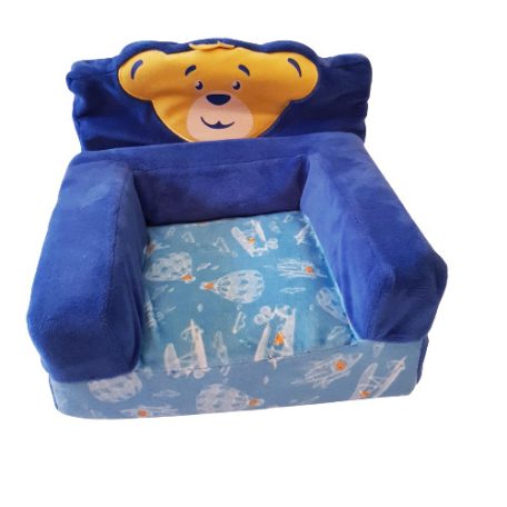 Build-A-Bear macifejes kék plüss játék fotel szivacs béléssel szemből fotózva