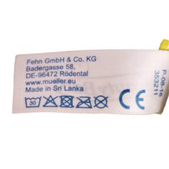 Fehn GmbH Müller német prémium bébijáték gyári bevarrt textilcímkéje és mosási adatai