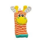 Eredeti Playgro hímzett szemű narancssárga csíkos plüss zsiráfos csörgő zokni szemből