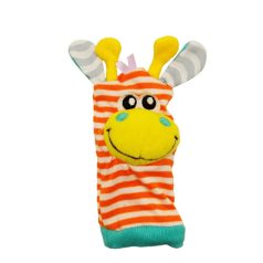 Eredeti Playgro hímzett szemű narancssárga csíkos plüss zsiráfos csörgő zokni szemből