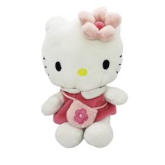 Sanrio Hello Kitty kistáskás és virágos rózsaszín ruhás plüss cica szemből fotózva