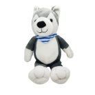 inder husky kutya plüss 26 cm kék-fehér csíkos kendővel szemből