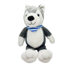 inder husky kutya plüss 26 cm kék-fehér csíkos kendővel szemből