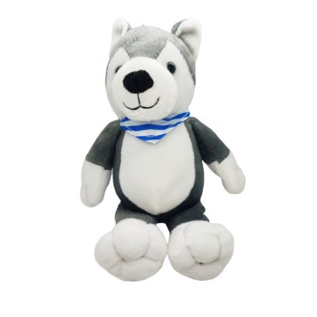 inder husky kutya plüss 26 cm kék-fehér csíkos kendővel szemből