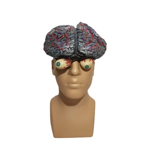 Halloween szürkéskék gumi agy fejdísz kidülledt eres szemgolyókkal próbababán szemből fotózva