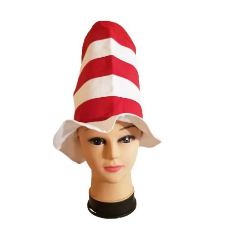 Piros-fehér csíkos magasított Dr Seuss macska kalap és szurkolói sapka szemből fotózva