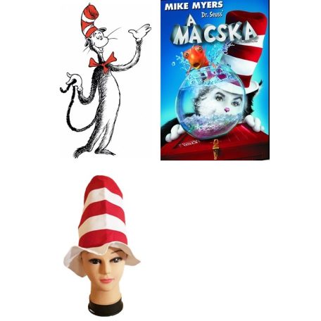 Dr Seuss A macska a kalapban filmplakát illusztráció és a piros-fehér csíkos gyerek szurkolói kalap szemből fotózva