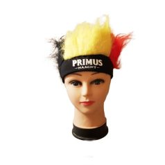 Primus Haacht feliratos belga nemzeti színű tarajos paróka fejpánt szemből fotózva
