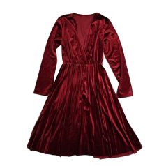 Pronto Moda bordó hosszú ujjú bársony női ruha bő szabású redőzött szoknyával szemből fotózva
