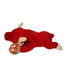  Ty Beanie Babies vörös bika plüssfigura fekvő pozícióban oldalnézetből