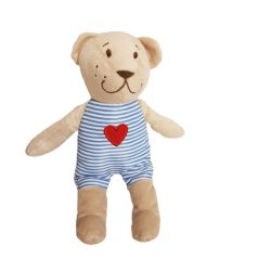 IKEA FABLER BJÖRN bézs maci plüss 21 cm, kék-fehér csíkos rugdalózóban piros szívvel