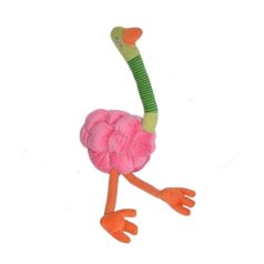 IKEA BARNSLIG STRUTS rózsaszín plüss strucc 42 cm, gömbölyű testtel, hosszú zöld csíkos nyakkal, narancs csőrrel és lábakkal, csörgős szenzoros babajáték