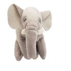 IKEA DJUNGELSKOG mini elefánt plüss szemből, fehér agyarak, újszerű