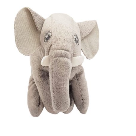 IKEA DJUNGELSKOG mini elefánt plüss szemből, fehér agyarak, újszerű