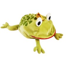 IKEA MINNEN GRODA nagy zöld plüss békakirályfi 48 cm, arany koronával, nagy fehér szemekkel, piros zipzáras szájjal nyitva, belső hímzett arccal