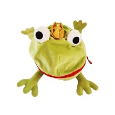 IKEA MINNEN GRODA nagy zöld plüss békakirályfi 48 cm, arany koronával, nagy fehér szemekkel, piros zipzáras szájjal nyitva, belső hímzett arccal