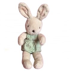  IKEA bézs nyúl plüss zöld kockás kantáros ruhában, hímzett szem, 32 cm újszerű