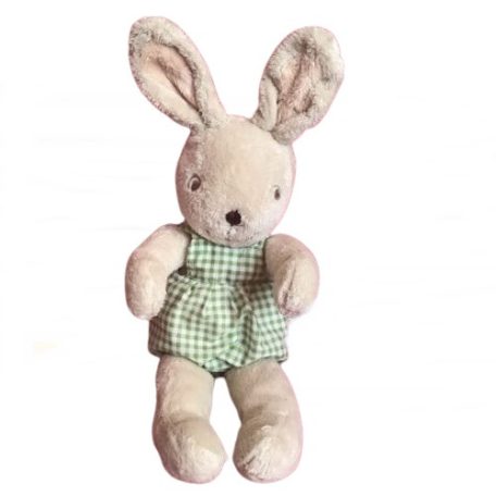  IKEA bézs nyúl plüss zöld kockás kantáros ruhában, hímzett szem, 32 cm újszerű