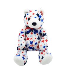 Ty Beanie Babies White fehér plüss maci piros és kék csillagokkal és masnival szemből fotózva