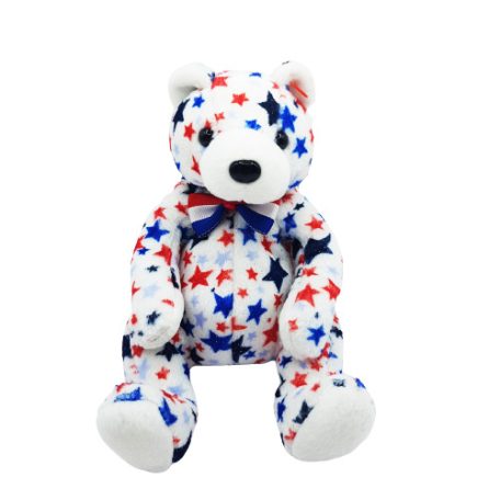 Ty Beanie Babies White fehér plüss maci piros és kék csillagokkal és masnival szemből fotózva