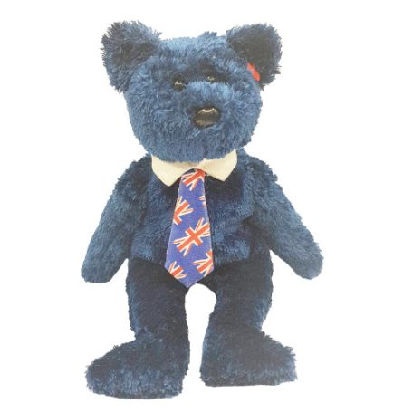  Ty Beanie Babies Pops sötétkék fényes szőrű plüss maci brit zászlós nyakkendőben szemből fotózva