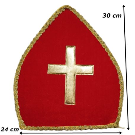Piros Szent Miklós püspöksüveg nagyméretű arany kereszttel Lemért centiméterrel