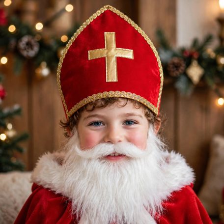 Arany keresztes Mikulás püspöksüveg kisfiún szakállal bemutatva