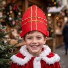 Hagyományos Szent Miklós püspöksüveg mosolygós kisfiún bemutatva