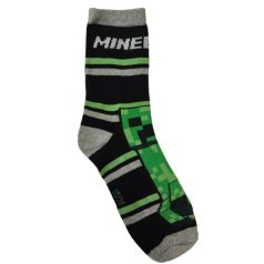 Fekete-szürke Minecraft gyerek zokni zöld Creeper mintával és felirattal