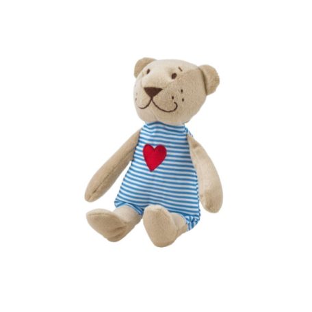 IKEA FABLER BJÖRN 21 cm-es plüss maci kék-fehér csíkos rugdalózóban piros szívvel