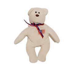 Ty Teenie Beanie Babies Libearty fehér plüss maci hímzett amerikai zászlóval szemből fotózva