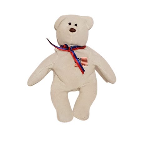 Ty Teenie Beanie Babies Libearty fehér plüss maci hímzett amerikai zászlóval szemből fotózva