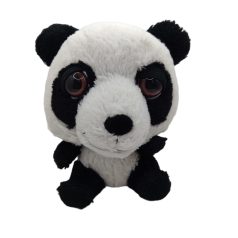 Nagyszemű fekete-fehér plüss panda mackó szemből fotózva